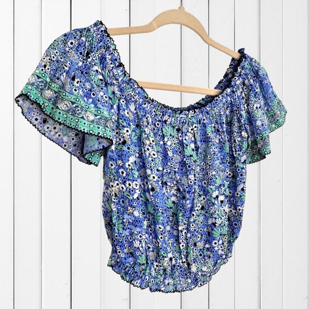 NWT Poupette St. Barth Camila Blouse Sequin Blue Malva Floral Boho Summer S / M